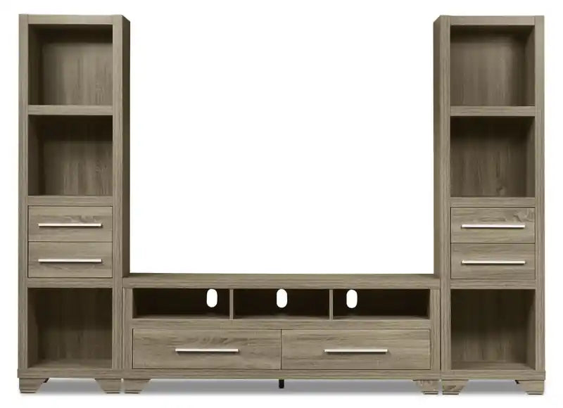 Meuble télé 3 pièces de 99 po avec gestion des câbles pour téléviseurs jusqu'à 65 po – MDF gris