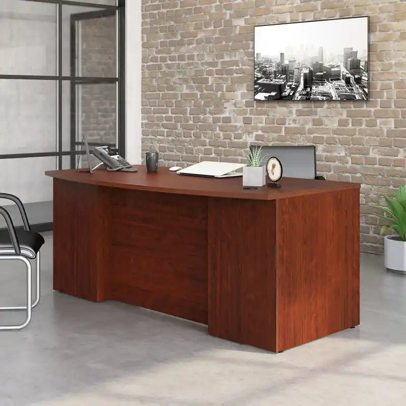 Bureau commercial de 180 cm avec plateau en mélamine de 2,5 cm, gestion des câbles et œillets passe-câbles – Cerisier classique