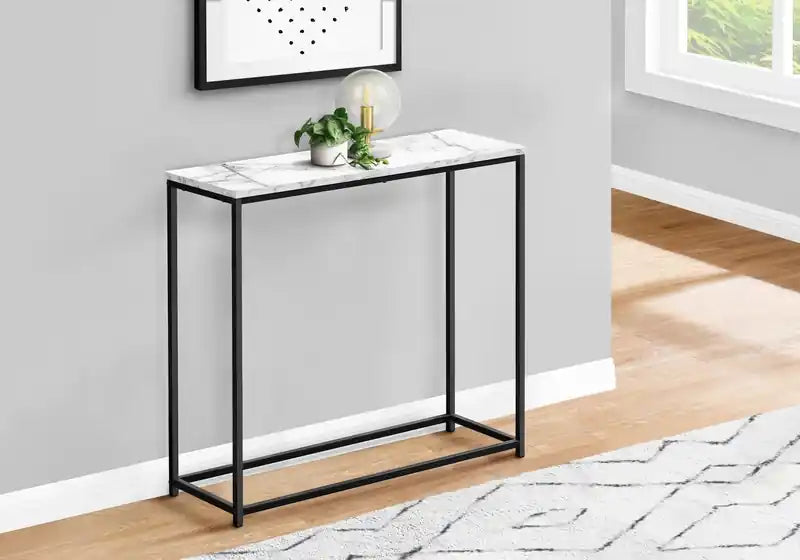 Table console moderne de 31,5 po avec plateau en stratifié imitation marbre et cadre en métal noir ouvert – Console d'entrée