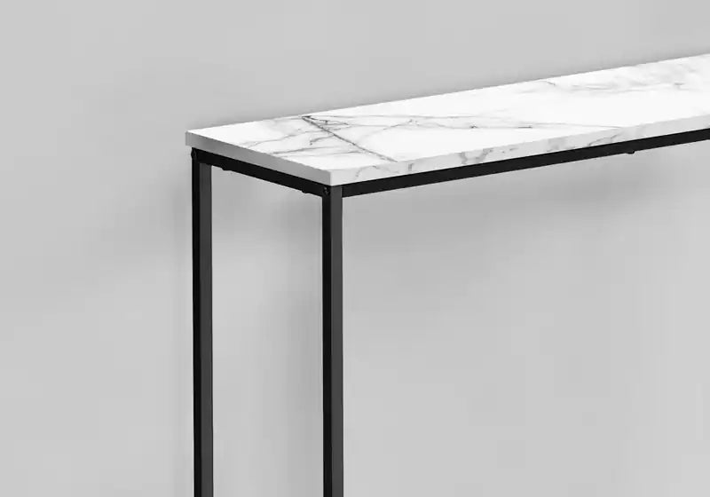 Table console moderne de 31,5 po avec plateau en stratifié imitation marbre et cadre en métal noir ouvert – Console d'entrée