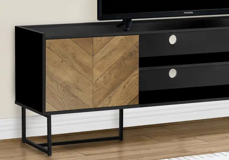 Meuble TV moderne Archer 71 avec rangement et gestion des câbles pour téléviseurs jusqu'à 80 po – Noir et marron – Deux