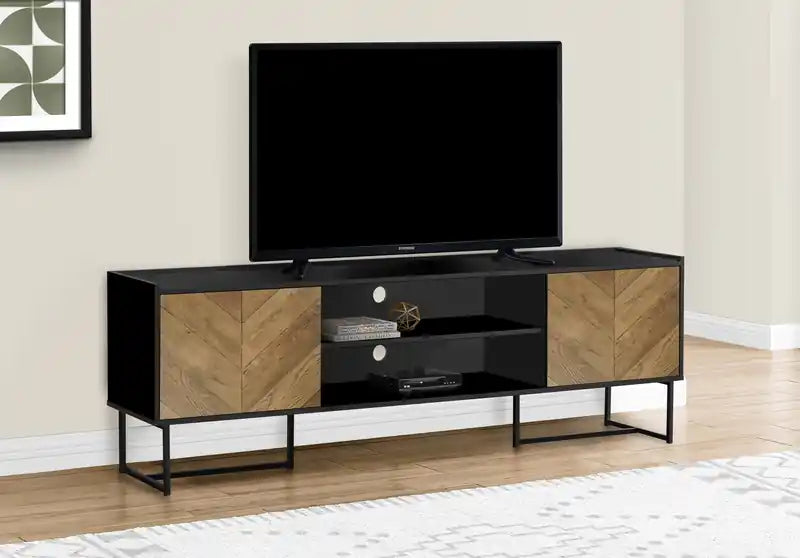 Meuble TV moderne Archer 71 avec rangement et gestion des câbles pour téléviseurs jusqu'à 80 po – Noir et marron – Deux