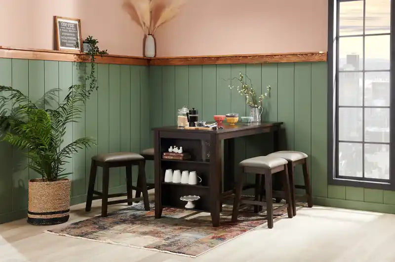 Ensemble de salle à manger Astoria 5 pièces hauteur comptoir avec table et 4 tabourets, étagères intégrées, 60 po L