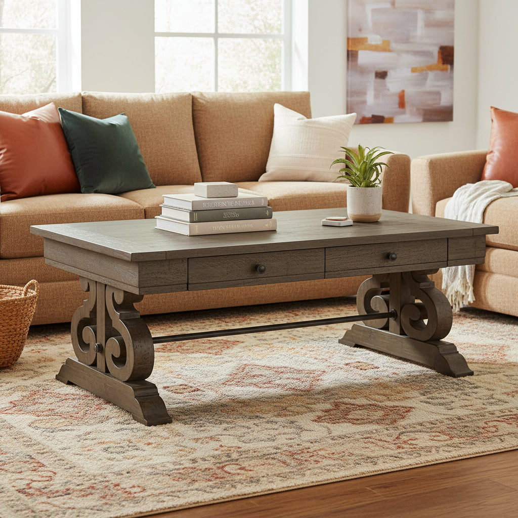 Bellamy 50 Traditional Coffee Table with Storage - Dark Brown Pine with Scroll Design Wood Base