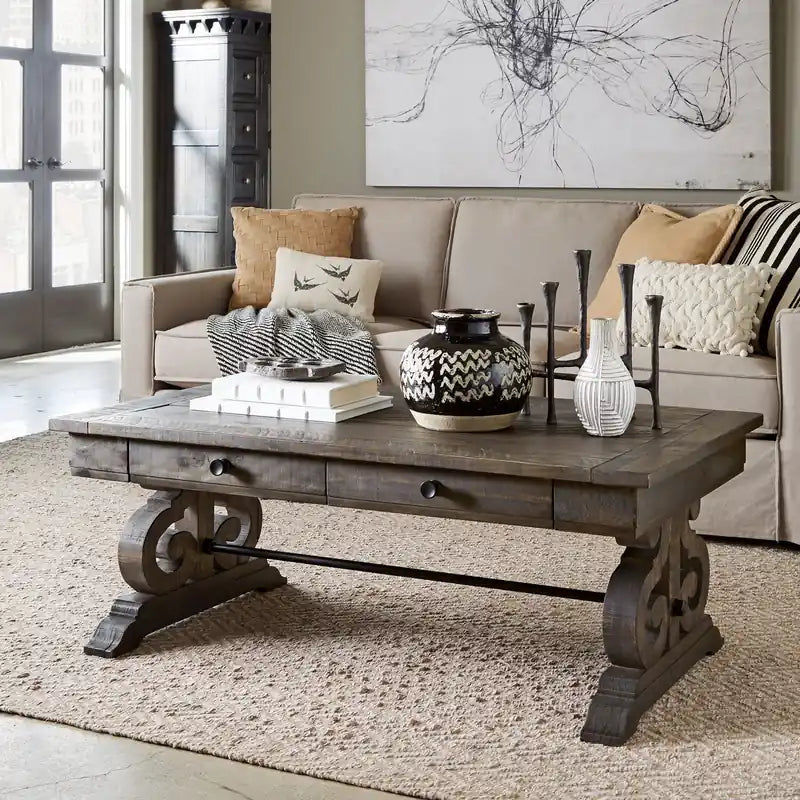 50 Table basse traditionnelle avec rangement – Pin marron foncé avec base en bois à volutes