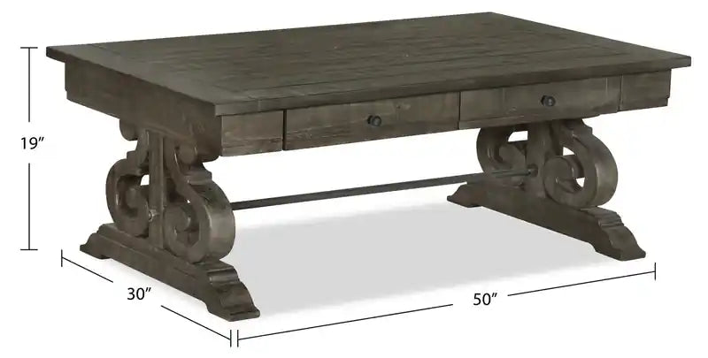 50 Table basse traditionnelle avec rangement – Pin marron foncé avec base en bois à volutes