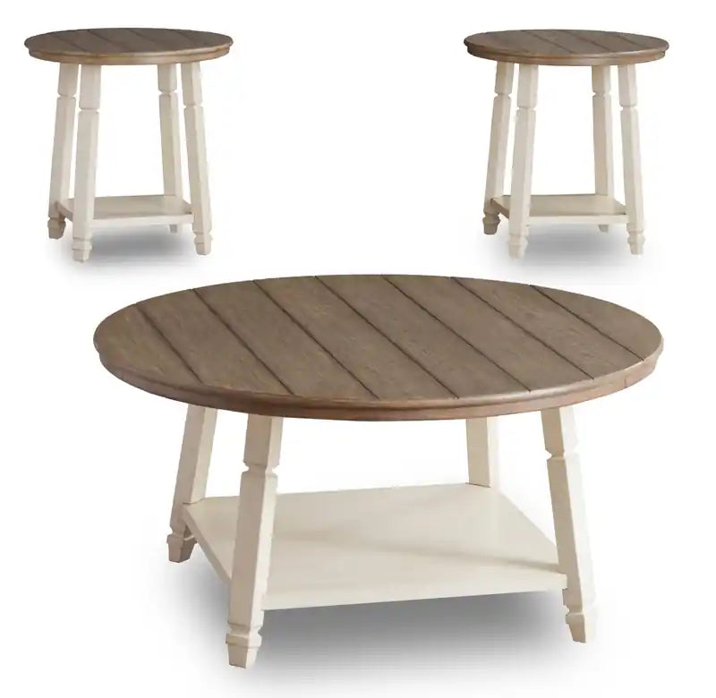 Bolanbrook 40 Rustic Round 3-Pack Coffee + 2 End Tables with Shelf - Two Tone Wood
