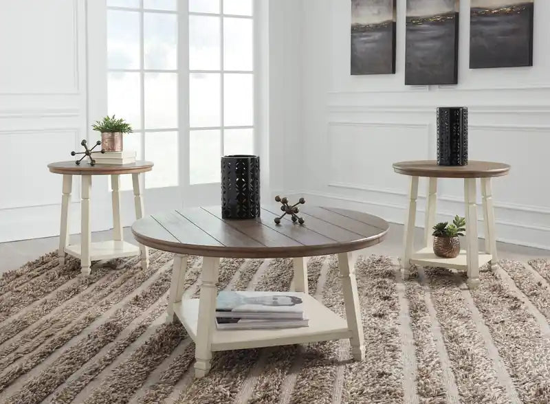 Bolanbrook 40 – Ensemble de 3 tables basses rondes rustiques avec 2 tables d'appoint avec étagère – Bois bicolore