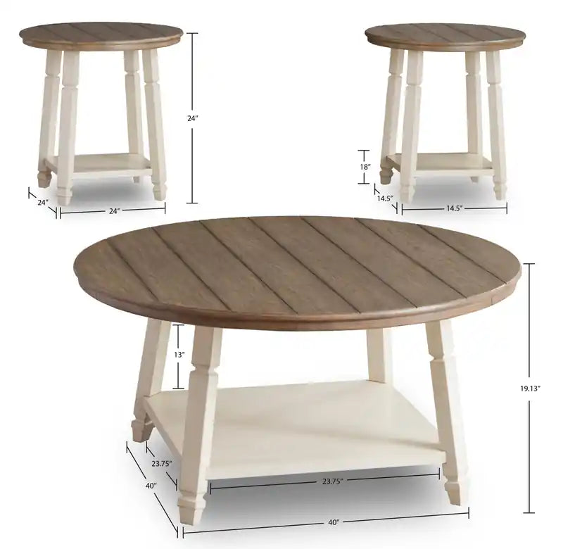 Bolanbrook 40 – Ensemble de 3 tables basses rondes rustiques avec 2 tables d'appoint avec étagère – Bois bicolore