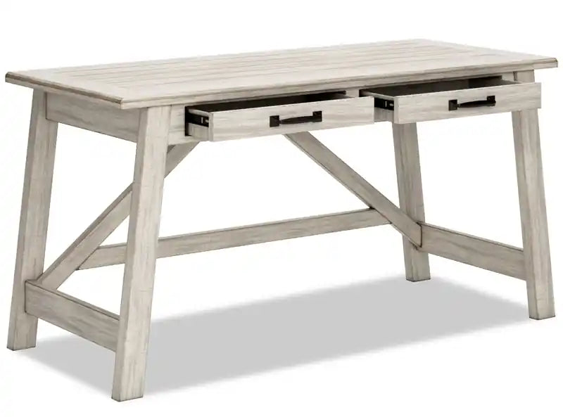 Bureau d'ordinateur moderne de 60 po de style campagnard avec 2 tiroirs – Fini blanchi, base à tréteaux