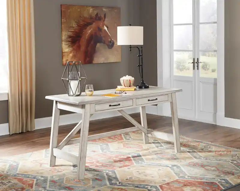 Bureau d'ordinateur moderne de 60 po de style campagnard avec 2 tiroirs – Fini blanchi, base à tréteaux