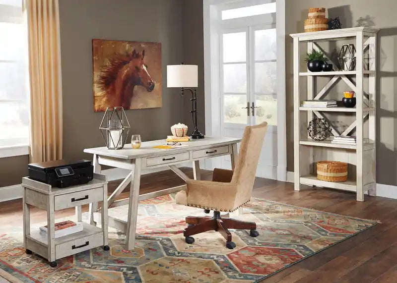 Bureau d'ordinateur moderne de 60 po de style campagnard avec 2 tiroirs – Fini blanchi, base à tréteaux
