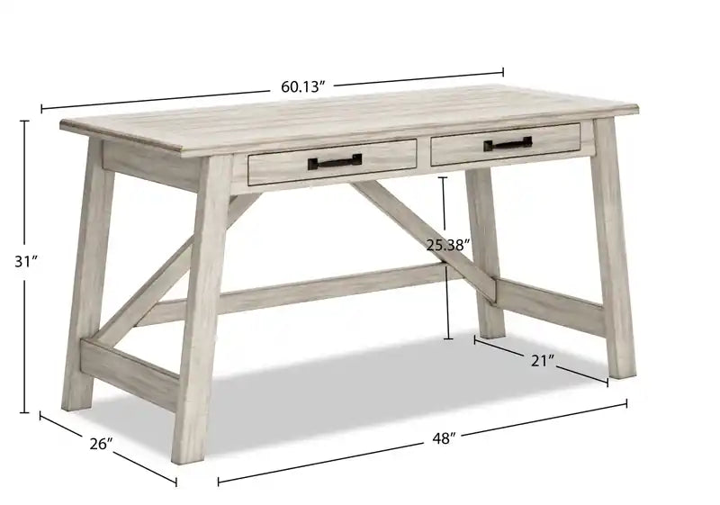 Bureau d'ordinateur moderne de 60 po de style campagnard avec 2 tiroirs – Fini blanchi, base à tréteaux