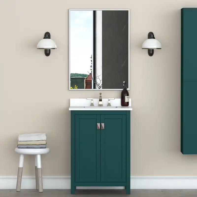 Miroir mural rectangulaire 32" x 24" avec cadre en métal argenté – Décoration moderne pour salle de bain, chambre ou couloir