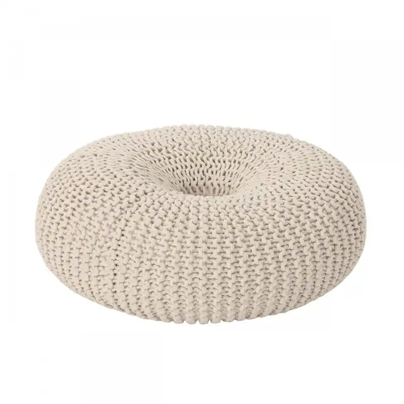 Pouf ottoman rond en coton tricoté – Fait main, beige, 62 cm de diamètre, capacité de 90 kg