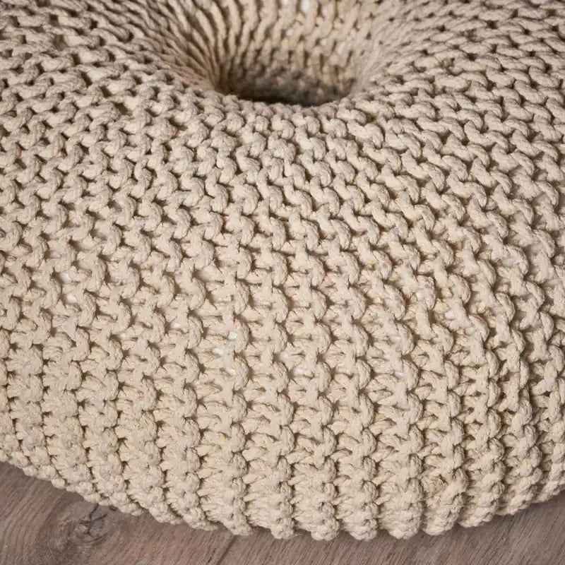 Pouf ottoman rond en coton tricoté – Fait main, beige, 62 cm de diamètre, capacité de 90 kg