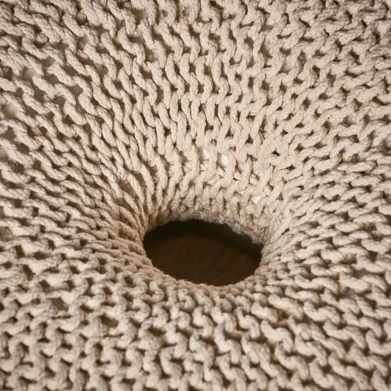 Pouf ottoman rond en coton tricoté – Fait main, beige, 62 cm de diamètre, capacité de 90 kg