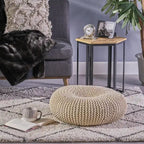 Pouf ottoman rond en coton tricoté – Fait main, beige, 62 cm de diamètre, capacité de 90 kg