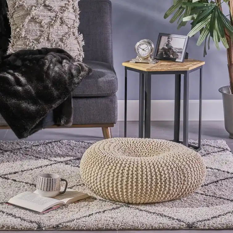 Pouf ottoman rond en coton tricoté – Fait main, beige, 62 cm de diamètre, capacité de 90 kg