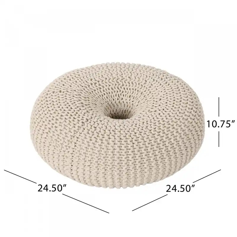 Pouf ottoman rond en coton tricoté – Fait main, beige, 62 cm de diamètre, capacité de 90 kg