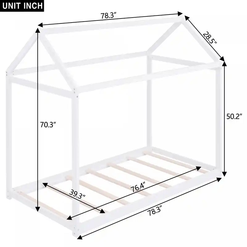 Lit cabane simple pour enfant avec cadre de toit – Pin blanc et bois d'ingénierie, design facile à nettoyer