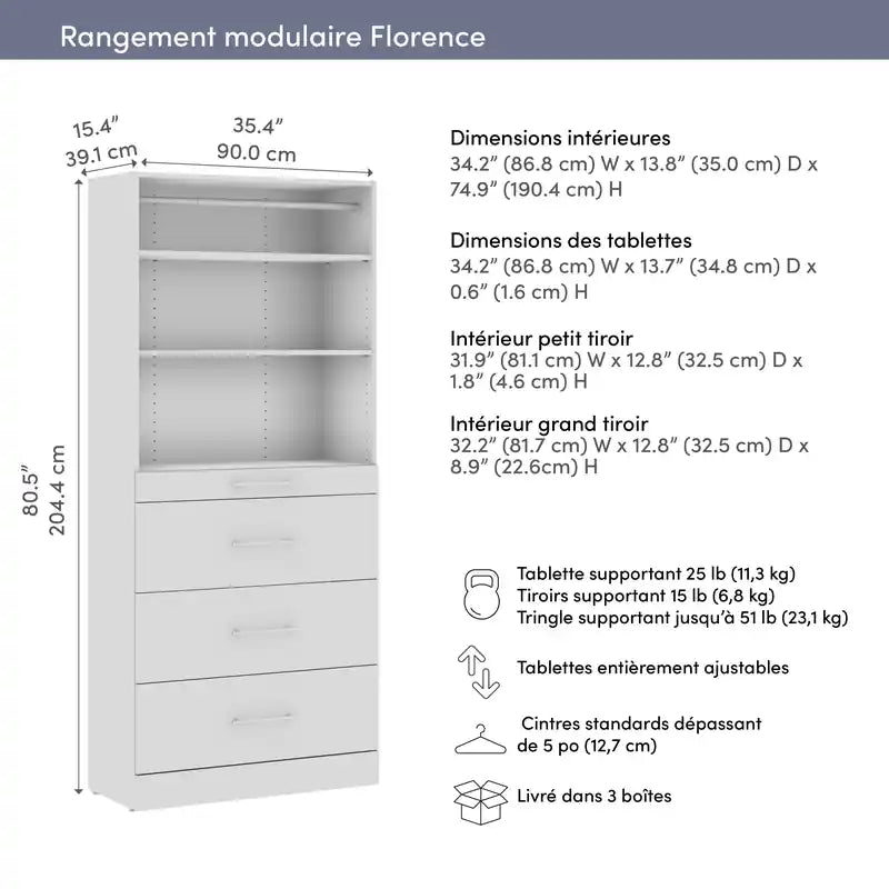 Bestar Florence Tour de système de rangement/placard avec étagères et 4 tiroirs style dalle de 36 po