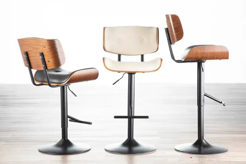 Tabouret de bar réglable pivotant mi-siècle LumiSource Lombardi – Similicuir capitonné, Noyer et Noir
