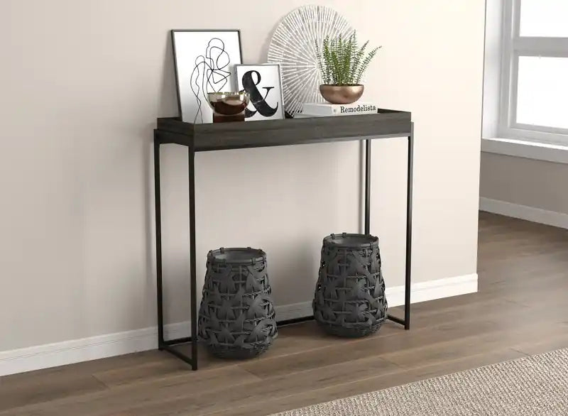 Console moderne de 102 cm avec plateau creux – Gris foncé et métal noir, garantie de 3 ans