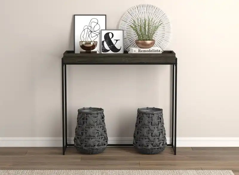Console moderne de 102 cm avec plateau creux – Gris foncé et métal noir, garantie de 3 ans