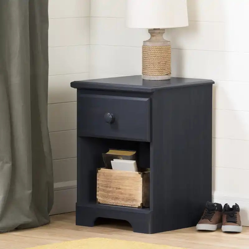 Table de chevet 1 tiroir avec étagère ouverte pour enfant – Stratifié bleu myrtille, panneaux de particules, garantie de 5 ans