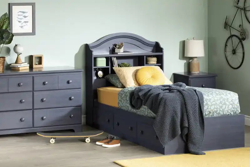 Table de chevet 1 tiroir avec étagère ouverte pour enfant – Stratifié bleu myrtille, panneaux de particules, garantie de 5 ans