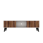 Meuble TV Moderne Milieu de Siècle 158 cm de large, 4 compartiments, Blanc et Noyer