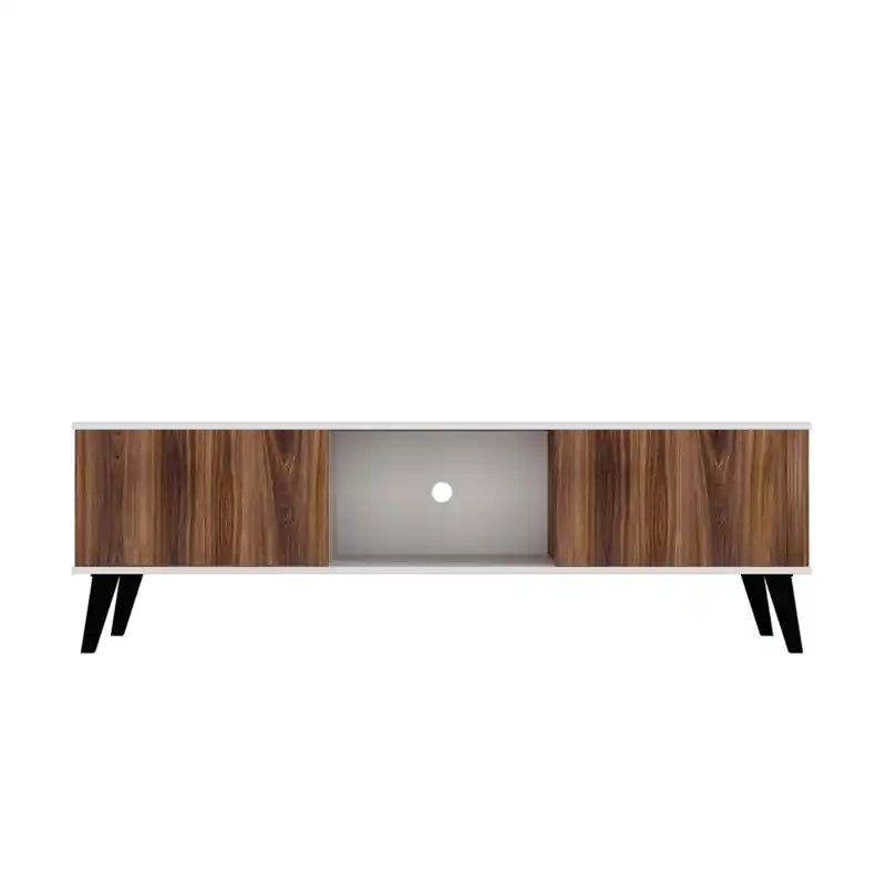 Meuble TV Moderne Milieu de Siècle 158 cm de large, 4 compartiments, Blanc et Noyer