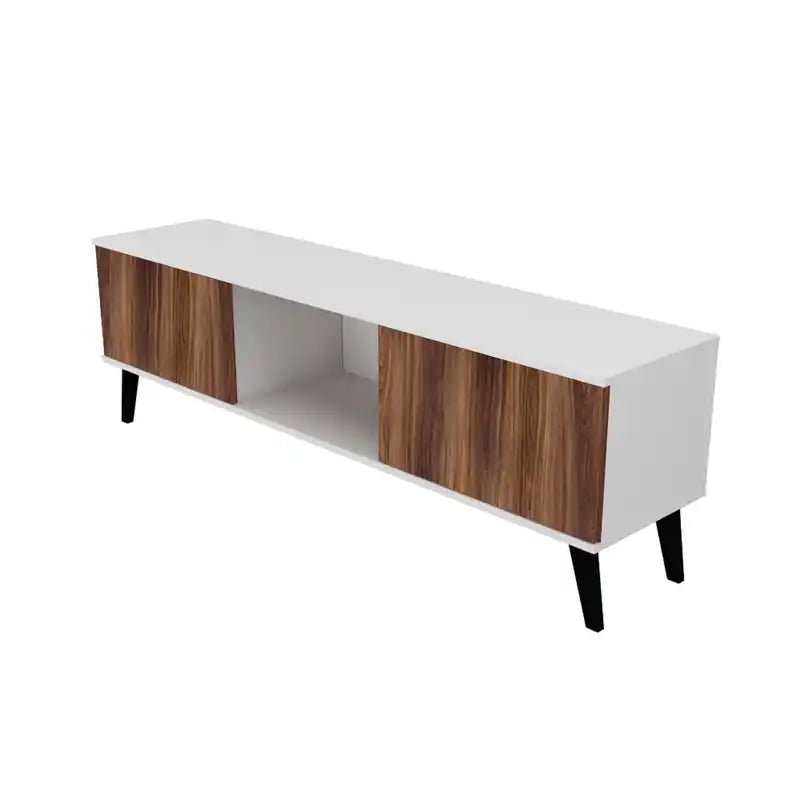 Meuble TV Moderne Milieu de Siècle 158 cm de large, 4 compartiments, Blanc et Noyer