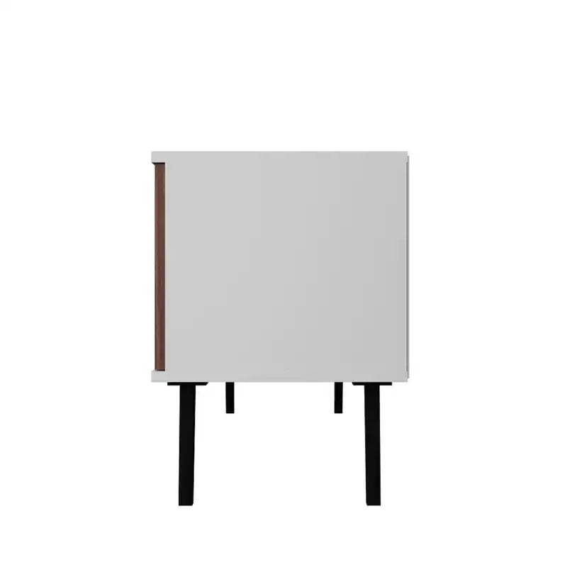 Meuble TV Moderne Milieu de Siècle 158 cm de large, 4 compartiments, Blanc et Noyer