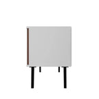 Meuble TV Moderne Milieu de Siècle 158 cm de large, 4 compartiments, Blanc et Noyer