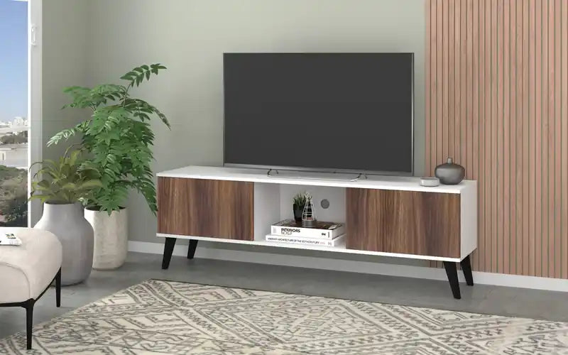 Meuble TV Moderne Milieu de Siècle 158 cm de large, 4 compartiments, Blanc et Noyer