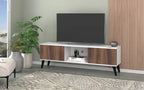 Meuble TV Moderne Milieu de Siècle 158 cm de large, 4 compartiments, Blanc et Noyer