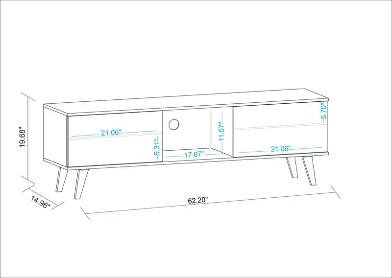 Meuble TV Moderne Milieu de Siècle 158 cm de large, 4 compartiments, Blanc et Noyer