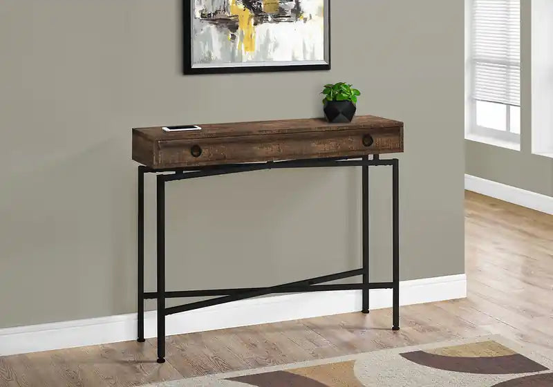Console industrielle de 42,5 po avec tiroir de rangement – Aspect bois de récupération marron et métal noir