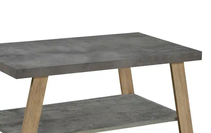 Table basse moderne de 110 cm avec plateau aspect pierre grise et étagère inférieure ouverte – Pieds en bois clair