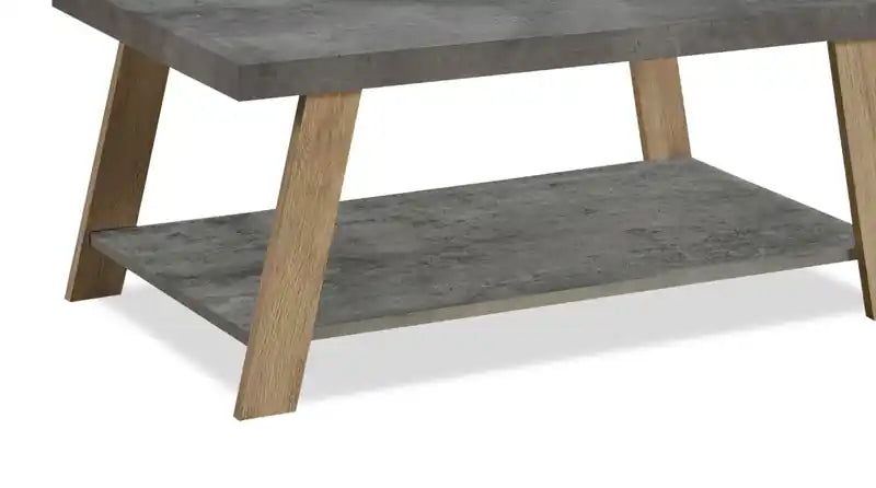 Table basse moderne de 110 cm avec plateau aspect pierre grise et étagère inférieure ouverte – Pieds en bois clair