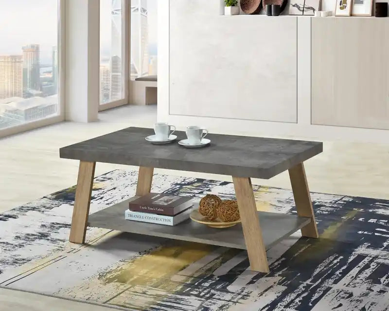 Table basse moderne de 110 cm avec plateau aspect pierre grise et étagère inférieure ouverte – Pieds en bois clair
