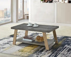 Table basse moderne de 110 cm avec plateau aspect pierre grise et étagère inférieure ouverte – Pieds en bois clair