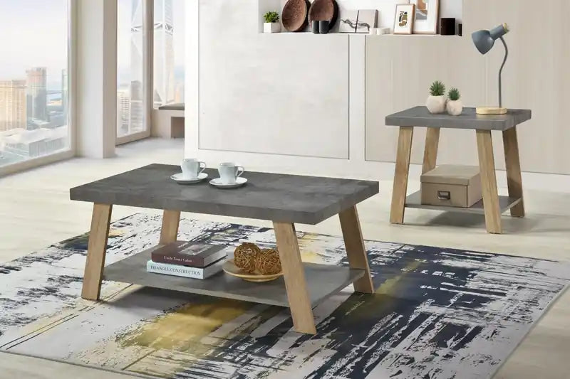Table basse moderne de 110 cm avec plateau aspect pierre grise et étagère inférieure ouverte – Pieds en bois clair