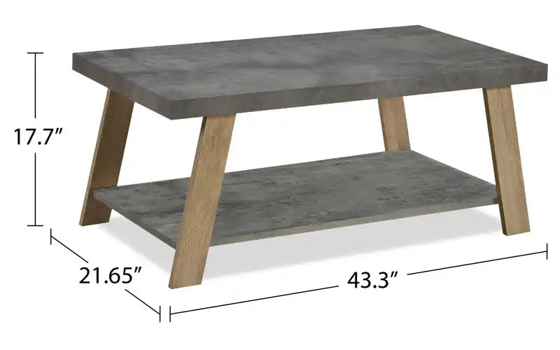 Table basse moderne de 110 cm avec plateau aspect pierre grise et étagère inférieure ouverte – Pieds en bois clair