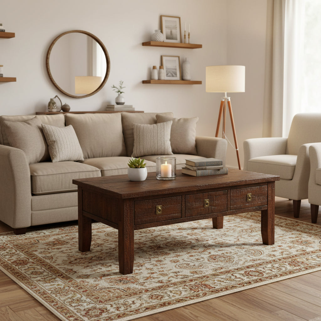Konagrove 48 Rustic Coffee Table with Storage and Casters - Dark Brown Wood