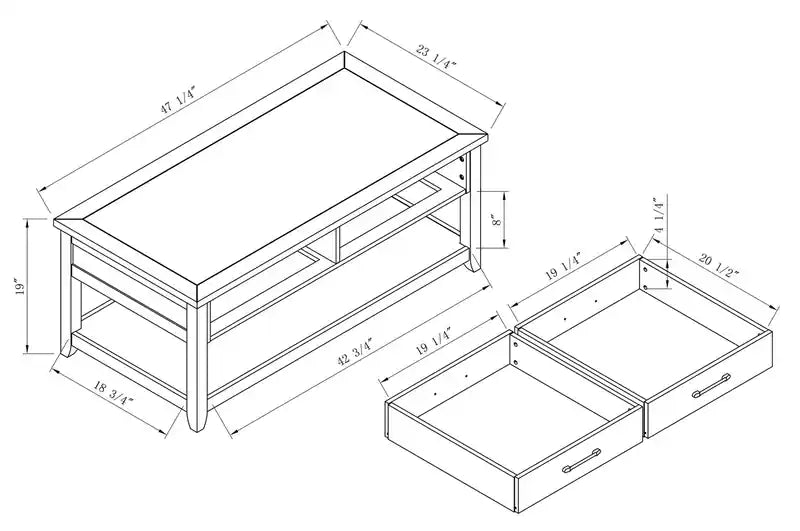 Table basse traditionnelle de 23,25" avec tiroirs de rangement et étagère – Blanc et chêne noyer