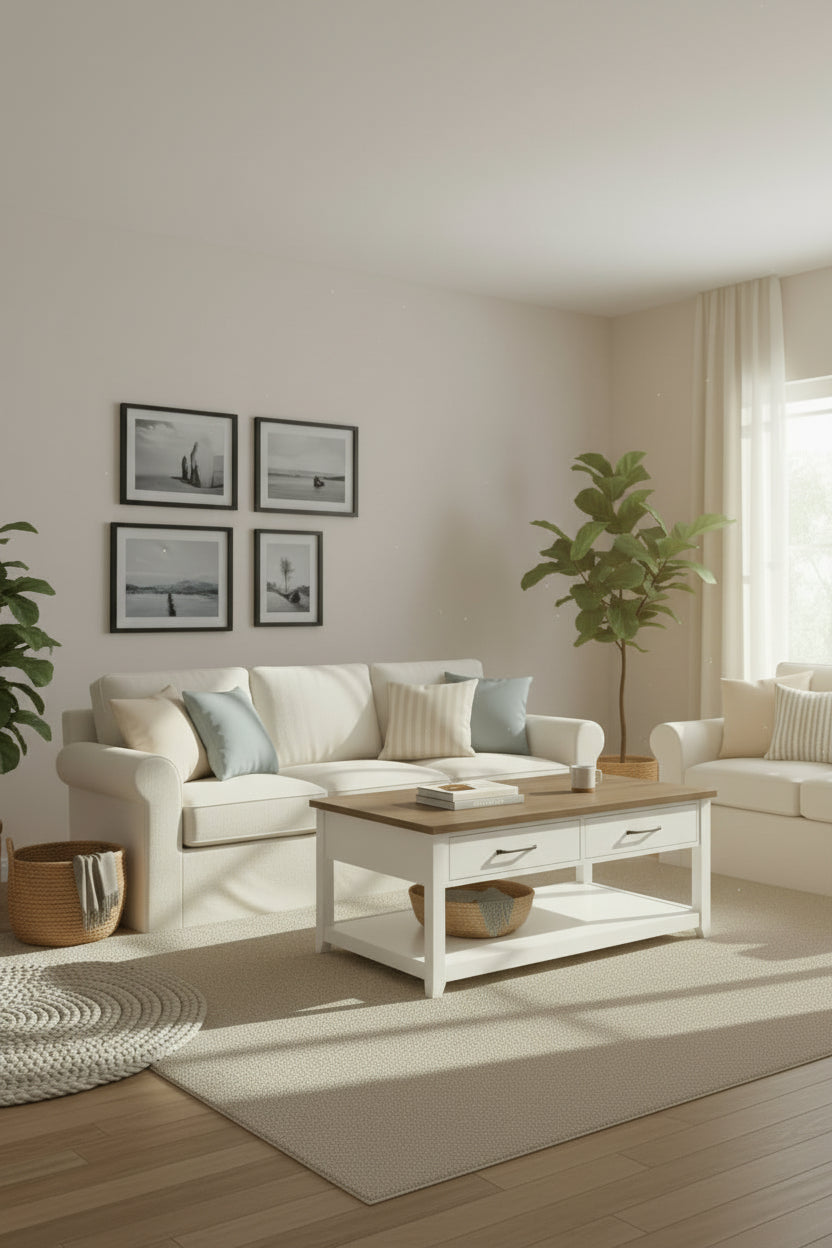 Table basse traditionnelle de 23,25" avec tiroirs de rangement et étagère – Blanc et chêne noyer