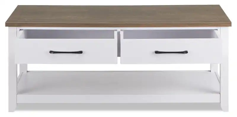 Table basse traditionnelle de 23,25" avec tiroirs de rangement et étagère – Blanc et chêne noyer